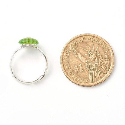 Flower Flat Round Millefiori Glass Adjustable Ring, Solid Brass Ring for Women, Platinum