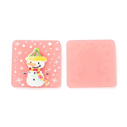 Christmas Theme 3D Printed Resin Pendants, DIY Earring Accessories, Square with Snowman Pattern, DarkSalmon