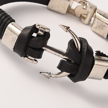 Leather Alloy Anchor Links Bracelets, with Snap Lock Clasps, Platinum, 215x9~12x7mm