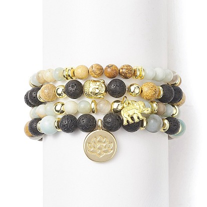 4Pcs 4 Style Natural & Synthetic Mixed Gemstone & Buddhist Head Beaded Stretch Bracelets Set, Lotus & Elephant Alloy Charms Stackable Bracelets for Women