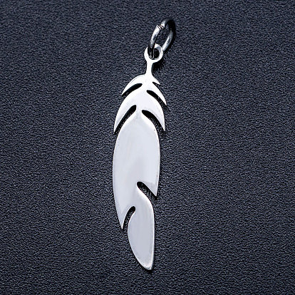 201 Stainless Steel Pendants, Stamping Blank Charms, with Unsoldered Jump Rings, Feather