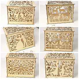Rectangle Hollow Wood Wedding Card Box with Iron Lock, Wedding Cards Holder Case for Reception, Wedding Money Box for Party Decorations