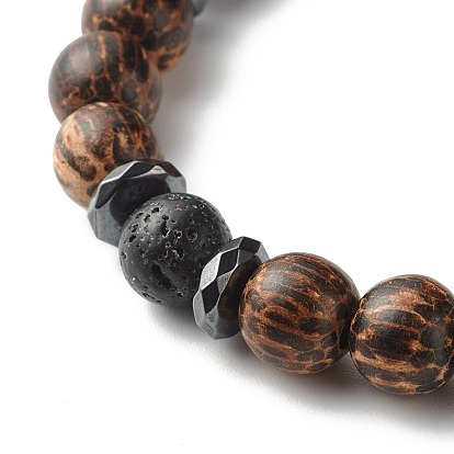 Anxiety Stress Synthetic Hematite & Natural Lava Rock Bracelets for Men Women, Gourd Stretch Bracelet with Round Wood Beads