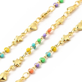 Brass Heart and Star Link Chains, with Enamel Beaded, Real 18K Gold Plated, Soldered, with Spools, Long-Lasting Plated