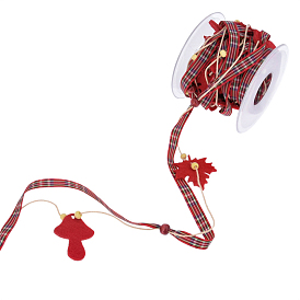 5M Thanksgiving Day Polyester Tartan Ribbons, Mushroom Maple Leaf Charms Ribbons with Wood Beads