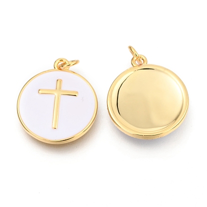 Brass Enamel Pendants, Long-Lasting Plated, Real 18K Gold Plated, with Jump Rings, Flat Round with Cross