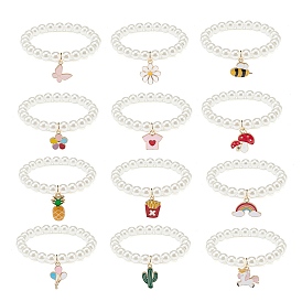 12Pcs 12 Style ABS Plastic Pearl Round Beaded Stretch Bracelets Set, Butterfly & Pineapple & Rainbow & Unicorn Alloy Enamel Charms Bracelets for Kid
