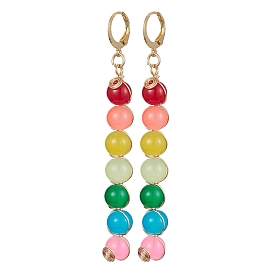 304 Stainless Steel Leverback Earrings, Colorful Glass Round Beaded Long Drop Earrings