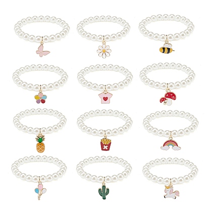 12шт 12 стиль абс пластик жемчуг круглый браслет из бисера стрейч набор, Браслеты с эмалевыми подвесками из сплава бабочки, ананаса, радуги и единорога для детей