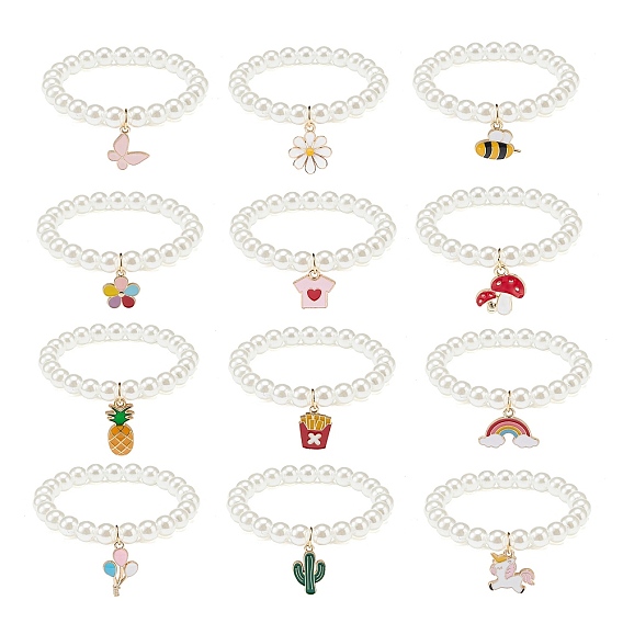12Pcs 12 Style ABS Plastic Pearl Round Beaded Stretch Bracelets Set, Butterfly & Pineapple & Rainbow & Unicorn Alloy Enamel Charms Bracelets for Kid
