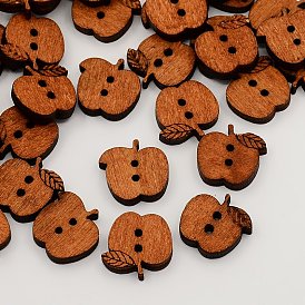 Botones de madera de 2 agujeros, botones de costura de manzana, sin teñir, 15x17x4 mm, agujero: 2 mm