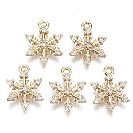 Brass Micro Pave Cubic Zirconia Charms for Christmas, Long-Lasting Plated, Snowflake, Light Gold