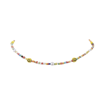 Glass Seed & Acrylic Smiling Face & Imitation Pearl Beaded Necklace for Women