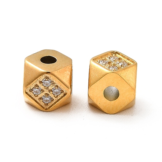 Ion Plating(IP) 304 Stainless Steel Micro Pave Clear Cubic Zirconia Beads, Faceted, Cornerless Cube Beads,  Real 14K Gold Plated