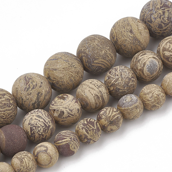 Natural Elephant Skin Jasper/Miriam Stone/Calligraphy Stone Beads Strands, Frosted, Round