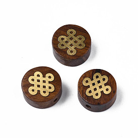 Natural Rosewood Undyed Beads, with Chinese Knot Shape Raw(Unplated) Brass Slices, Flat Round