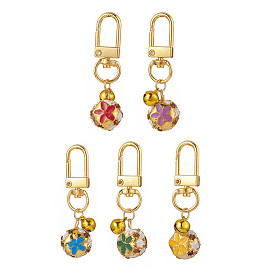 5 pcs 5 couleurs fer émail pendentif pivotant porte-clés cloche, ronde avec motif de fleurs, couleur mixte