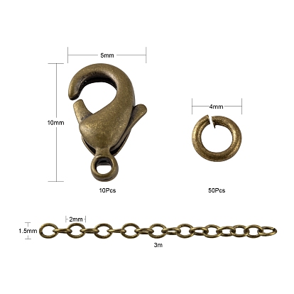 Kits de fabrication de colliers de chaînes de câbles en laiton ovales de bricolage 3m, 10 fermoirs pinces de homard et 50 anneaux de saut