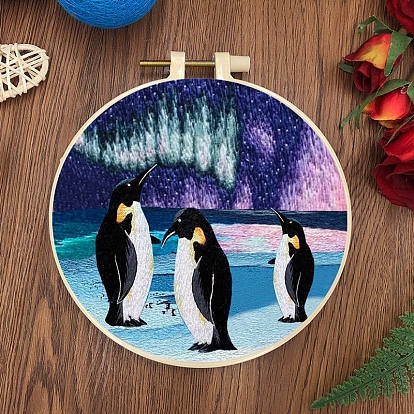 Mountain/Flower/Penguin Pattern DIY Embroidery Kits for Beginner, Including Printed Fabric, Embroidery Thread & Needles & Hoop, Threader, Instruction