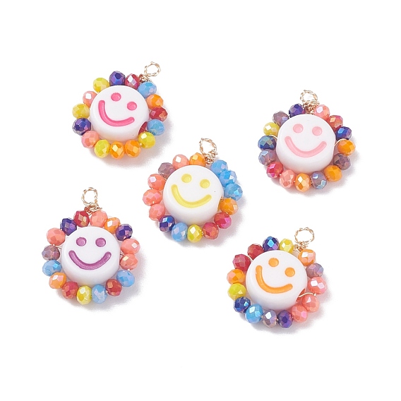 Electroplate Glass Beads  Pendants, with Copper Wire and Opaque Craft Acrylic Beads, Flat Round with 
Smiling Face