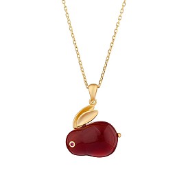 Red Dyed Natural White Jade & Cubic Zirconia Bunny Pendant Necklace, 925 Sterling Silver 2023 New Rabbit Year Jewelry for Women