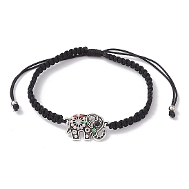 Alloy Rhinestone Elephant Link Bracelet, Nylon Thread Braided Adjustable Bracelet