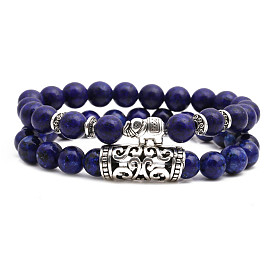 Bracelet de pipe de bouddha hibou bleu turquoise serti d'un bracelet en perles d'éléphant lion