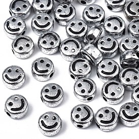 Acrylic Beads, Flat Round with Black Smiling Face