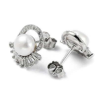 Cubic Zirconia Heart with Natural Pearl Stud Earrings, 925 Sterling Silver Earrings for Women