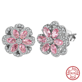 Rhodium Plated 925 Sterling Silver Rotating Flower Stud Earrings, with Pink Cubic Zirconia, with S925 Stamp
