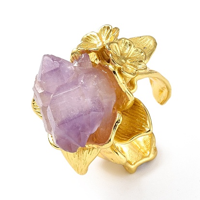 Natural Amethyst Nugget Flower Open Cuff Ring, Rack Plating Brass Jewelry for Women, Golden