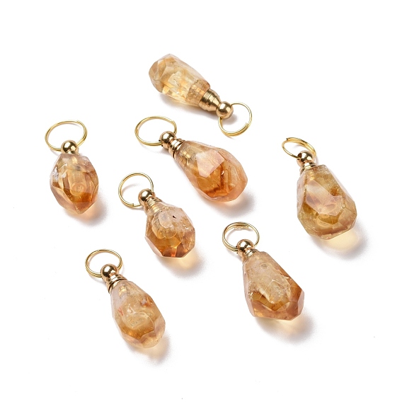 Natural Citrine Openable Perfume Bottle Pendants, with Golden Tone Brass Findings, Faceted Nuggets Charm