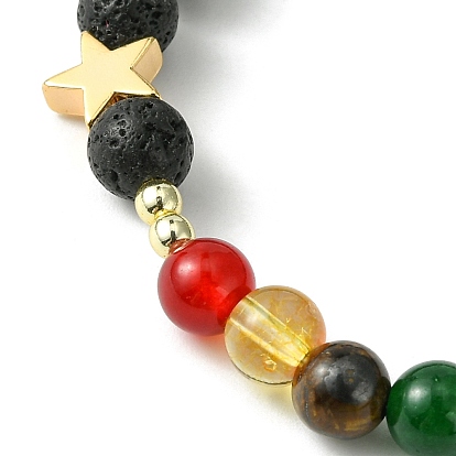 Natural & Synthetic Mixed Gemstone Chakra Theme Bracelet, Brass Beaded Stretch Bracelet