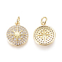 Brass Micro Pave Cubic Zirconia Charms, with Jump Rings, Flat Round, with Star, Clear