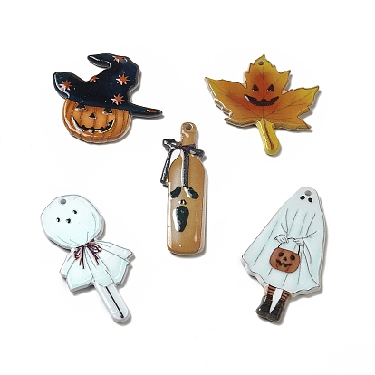 Halloween Printed Acrylic Pendants, Pumpkin Jack-O'-Lantern/Ghost/Maple Leaf/Wine Bottle Charm