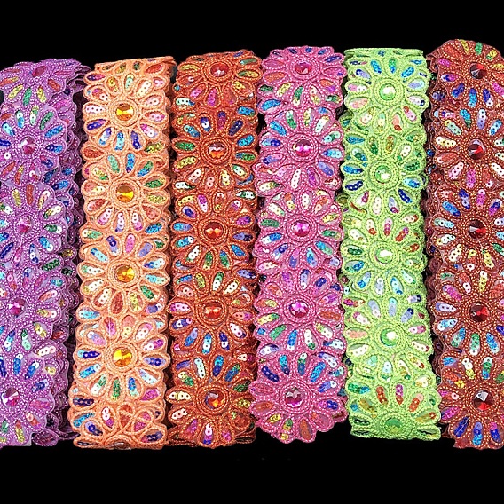 Borde de encaje de poliéster, con paillettes de colores, flor, accesorios de la ropa