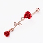 Piercing Jewelry, Brass Micro Pave Cubic Zirconia Navel Rings, Belly Rings, with 304 Stainless Steel Bar and Enamel, Rose, Red