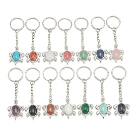 Gemstone Keychain, with Brass Findings and Alloy Split Key Rings, Tortoise, Platinum
