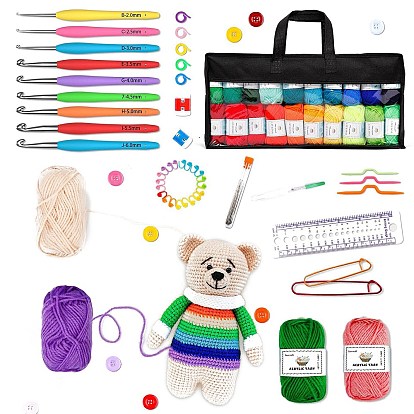 Kits de tejer diy, incluyendo hilo, gancho de crochet y aguja y protector, marcador de puntadas y contador de hileras, tijera, cinta métrica, dedal, segador de costura, caja de almacenamiento y bolsa
