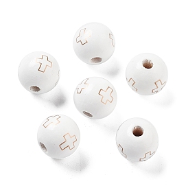 Wood European Beads, Large Hole Beads, Round with Cross