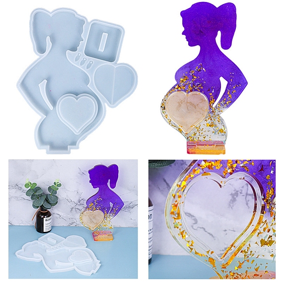 Femme enceinte avec cadre photo en forme de cœur, moules en silicone de qualité alimentaire, pour la résine UV, fabrication artisanale de résine époxy, pour la fête des mères