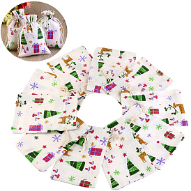 Christmas Theme Linenette Drawstring Bags, Rectangle, White