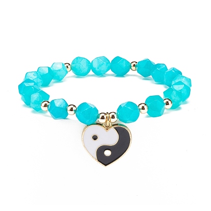 Bracelet extensible de pierre naturelle, coeur en alliage d'émail avec bracelet à breloques yin yang pour femme