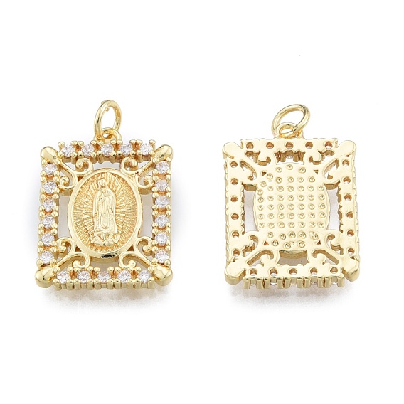 Brass Micro Pave Clear Cubic Zirconia Pendants, with Jump Rings, Rectangle with Saint