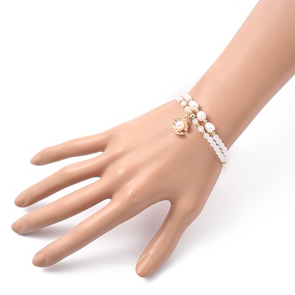 Ensembles de bracelets extensibles et bracelets à breloques, avec des perles de verre à facettes, Perles en laiton, perles de nacre naturelle, perles d'imitation en plastique et breloques en alliage, forme coquille, or