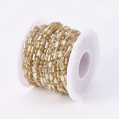Handmade Glass Beaded Chains, Soldered, with Brass Findings, with Spool, Long-Lasting Plated, Cuboid