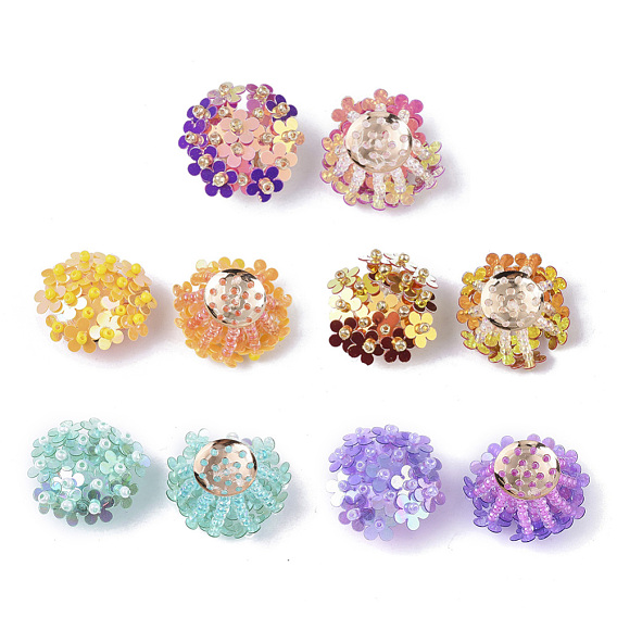 PVC Paillette Cabochons, Cluster Beads, with Glass Seed Beads and Golden Plated Brass Perforated Disc Settings, Flower