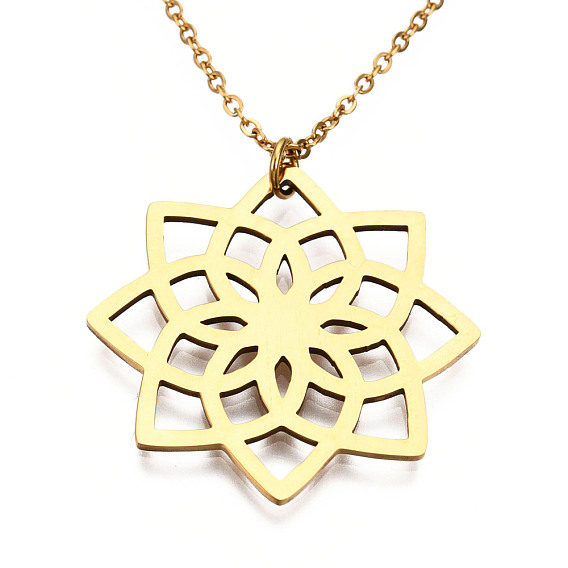 201 Stainless Steel Pendant Necklaces, with Cable Chains, Lotus
