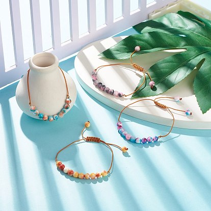 Round Natural White Jade Braided Bead Bracelet, Gemstone Adjustable Bracelet for Women