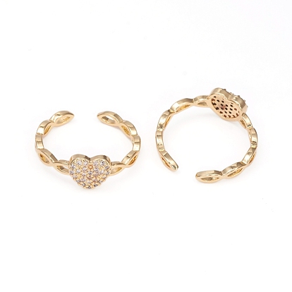 Adjustable Brass Micro Pave Clear Cubic Zirconia Cuff Rings, Open Rings, for Valentine's Day, Long-Lasting Plated, Heart